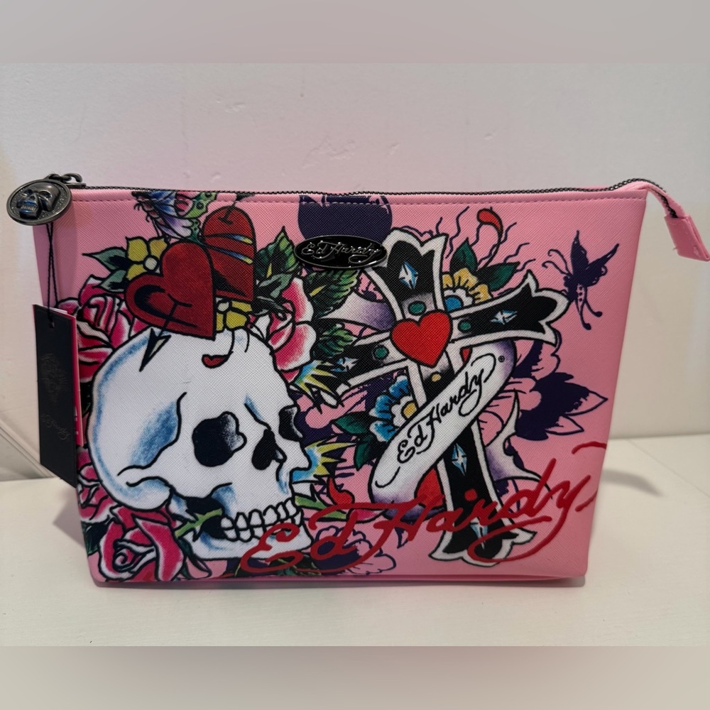Ed Hardy Pink Skull and Heart Cosmetic Bag